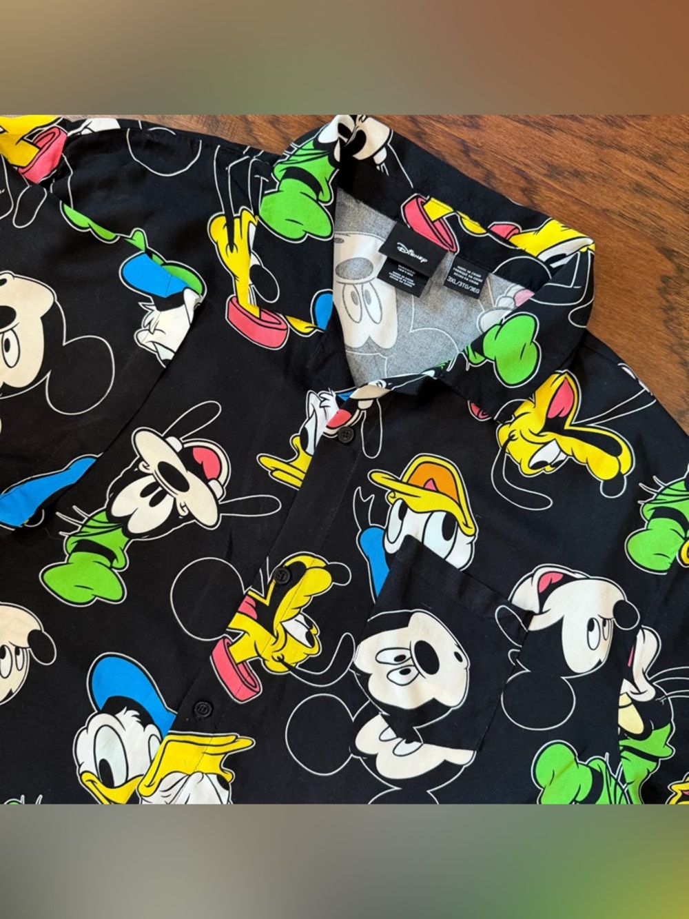 Disney Shirt Mens 3XL Black All Over Print Button Up Mickey Goofy Donald S/S